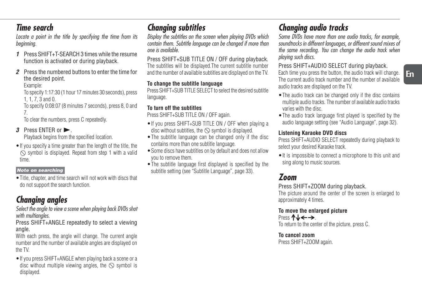 Time search, Changing angles, Changing subtitles | Changing audio tracks, Zoom, 21 en | Aiwa XR-DV700 User Manual | Page 21 / 40