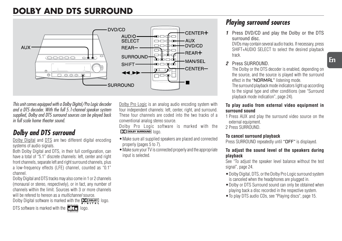 Dolby and dts surround, Playing surround sources, 23 en | Aiwa XR-DV700 User Manual | Page 23 / 40