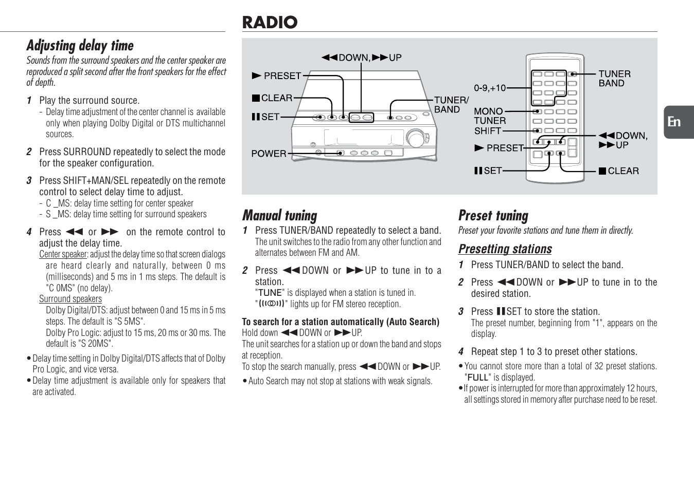 Radio, Manual tuning, Preset tuning | Adjusting delay time, 25 en | Aiwa XR-DV700 User Manual | Page 25 / 40