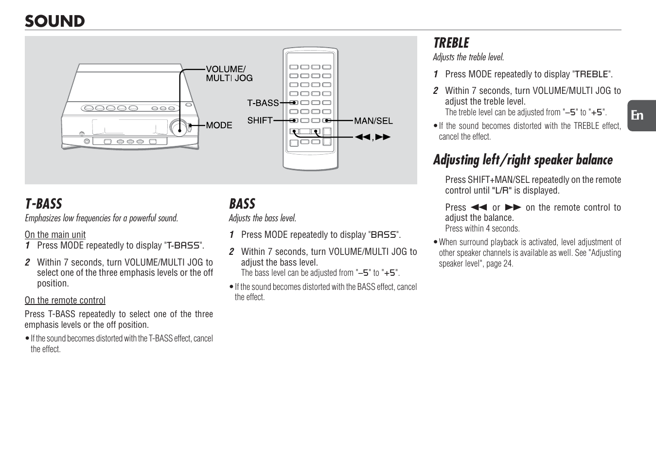 Sound, T-bass, Bass | Treble, Adjusting left/right speaker balance, 27 en | Aiwa XR-DV700 User Manual | Page 27 / 40