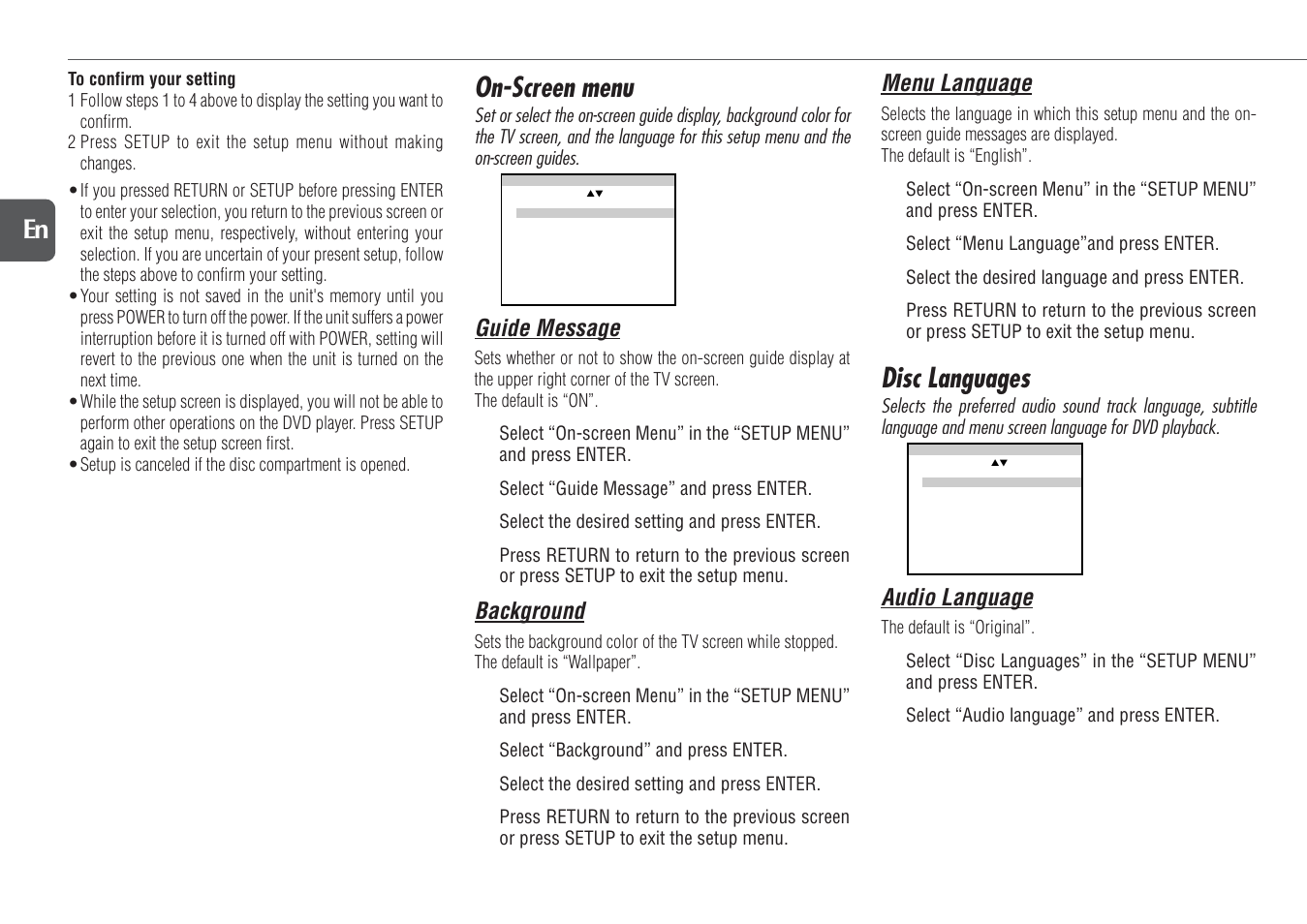 On-screen menu, Disc languages, 32 en | Guide message, Background, Menu language, Audio language | Aiwa XR-DV700 User Manual | Page 32 / 40