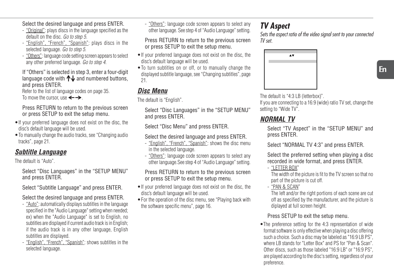 Tv aspect, 33 en, Subtitle language | Disc menu, Normal tv | Aiwa XR-DV700 User Manual | Page 33 / 40