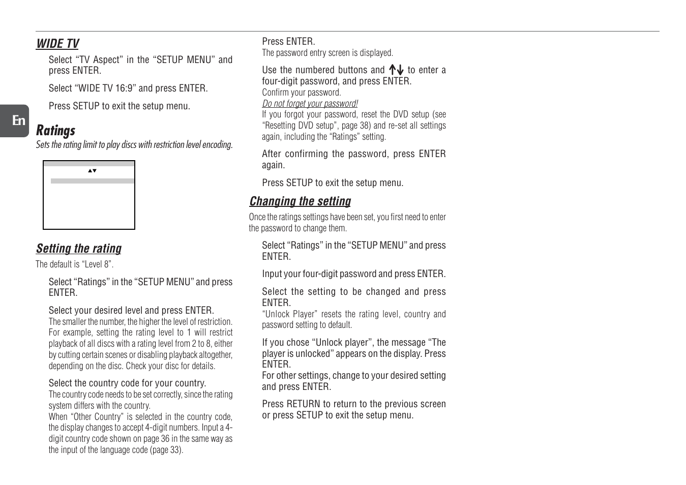 Ratings, 34 en, Wide tv | Setting the rating, Changing the setting | Aiwa XR-DV700 User Manual | Page 34 / 40