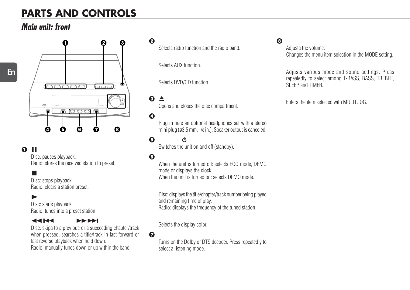 Parts and controls, Main unit: front | Aiwa XR-DV700 User Manual | Page 8 / 40