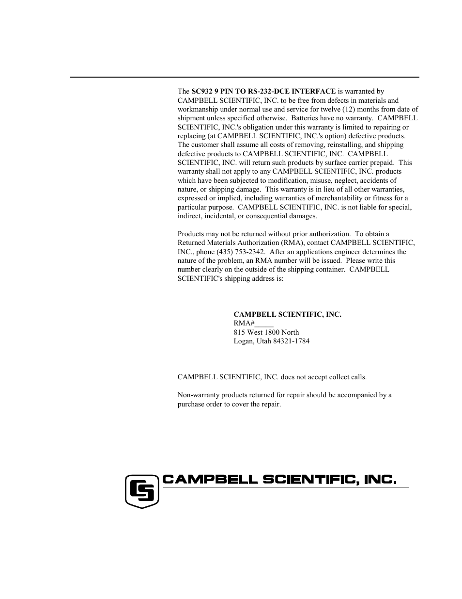 Warranty and assistance | Campbell Scientific SC932 9-Pin to RS-232-DCE Interface User Manual | Page 3 / 16