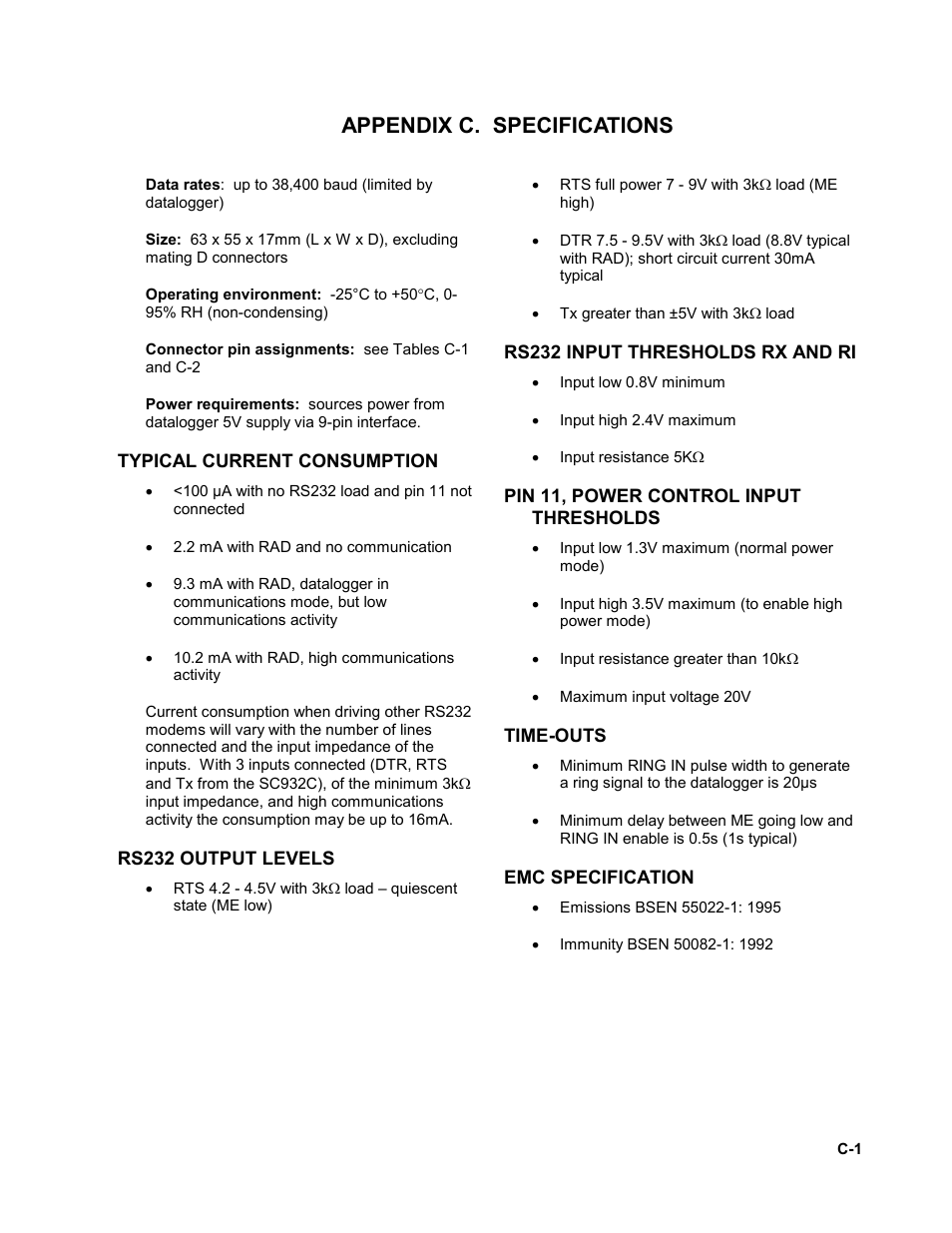 Appendix c. specifications, Typical current consumption, Rs232 output levels | Rs232 input thresholds rx and ri, Pin 11, power control input thresholds, Time-outs, Emc specification, Connection details | Campbell Scientific SC932C Interface User Manual | Page 11 / 14