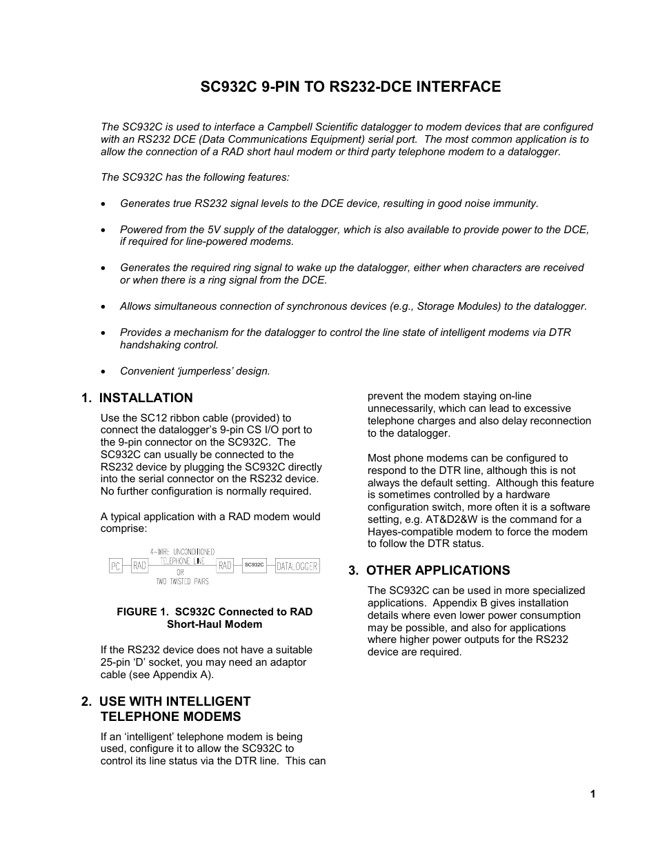 Sc932c 9-pin to rs232-dce interface, Installation, Use with intelligent telephone modems | Other applications | Campbell Scientific SC932C Interface User Manual | Page 5 / 14