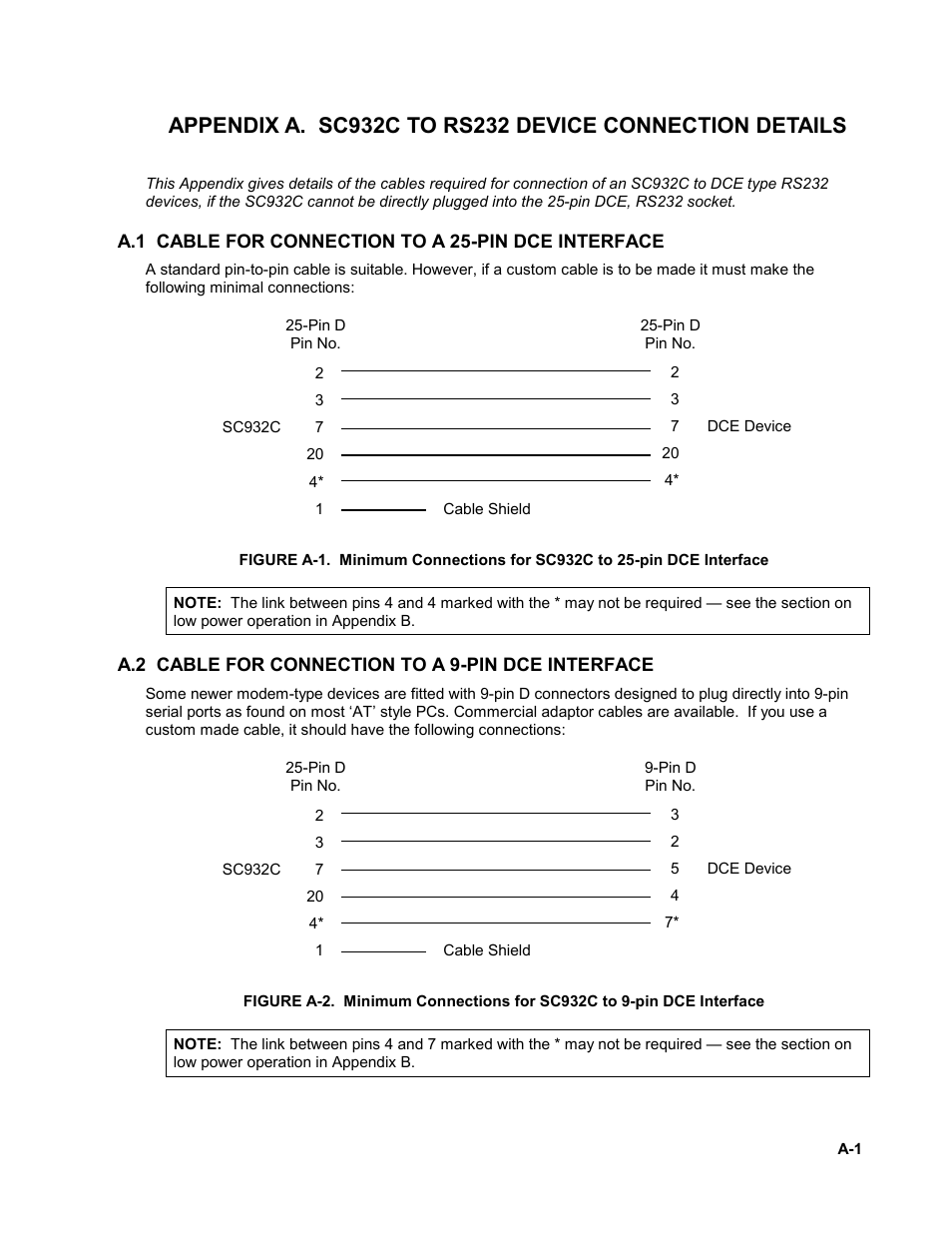 A.1 cable for connection to a 25-pin dce interface, A.2 cable for connection to a 9-pin dce interface | Campbell Scientific SC932C Interface User Manual | Page 7 / 14