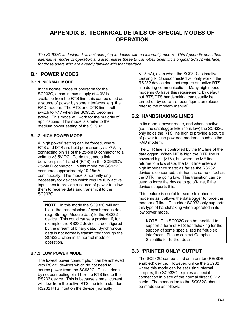 B.1 power modes, B.1.1 normal mode, B.1.2 high power mode | B.1.3 low power mode, B.2 handshaking lines, B.3 ‘printer only’ output | Campbell Scientific SC932C Interface User Manual | Page 9 / 14