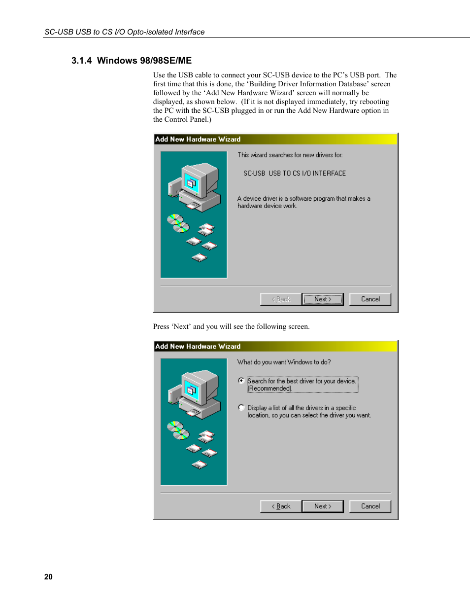 4 windows 98/98se/me | Campbell Scientific SC-USB USB to CS I/O Optically Isolated Interface User Manual | Page 26 / 36