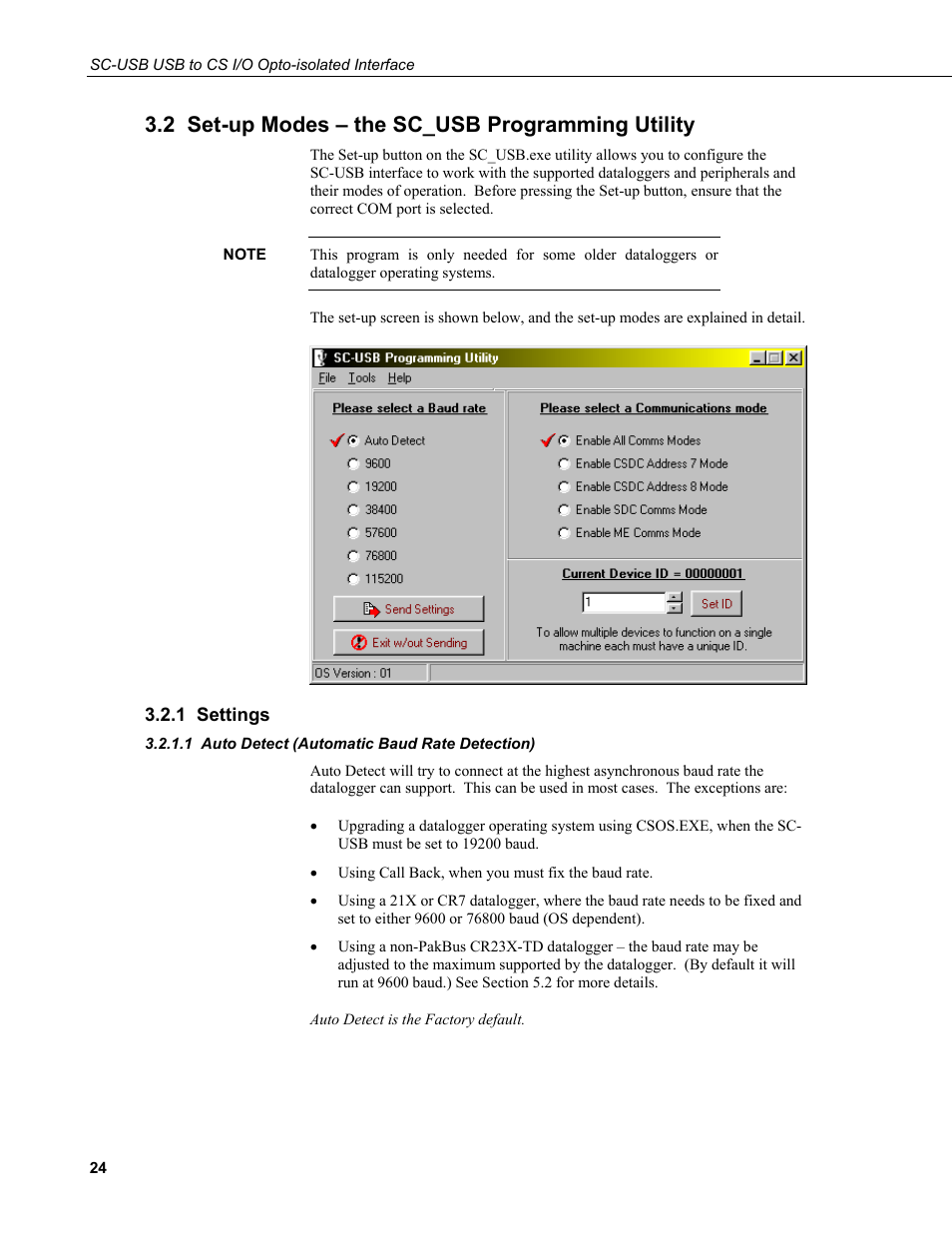 2 set-up modes – the sc_usb programming utility, 1 settings, 1 auto detect (automatic baud rate detection) | Campbell Scientific SC-USB USB to CS I/O Optically Isolated Interface User Manual | Page 30 / 36
