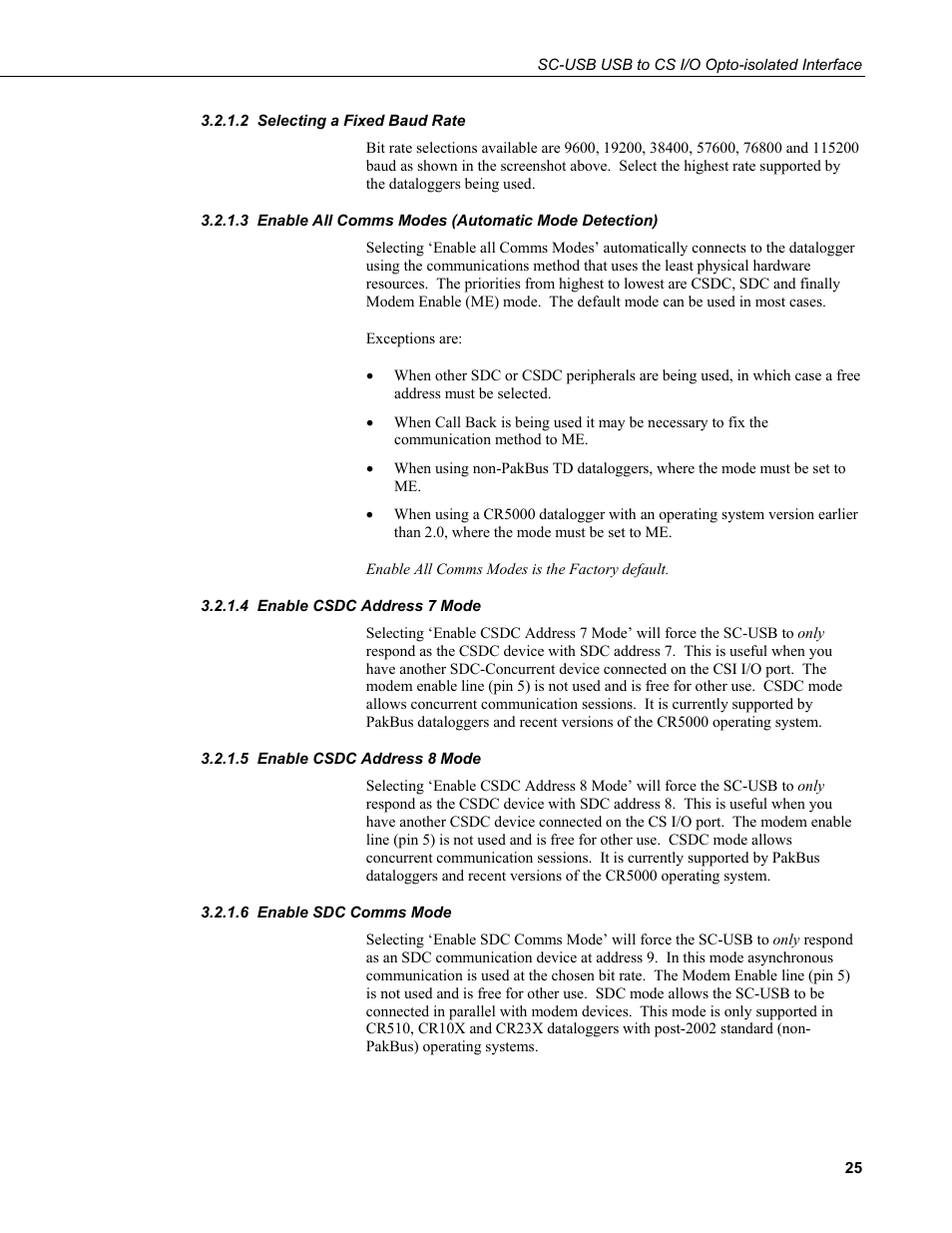 2 selecting a fixed baud rate, 4 enable csdc address 7 mode, 5 enable csdc address 8 mode | 6 enable sdc comms mode | Campbell Scientific SC-USB USB to CS I/O Optically Isolated Interface User Manual | Page 31 / 36