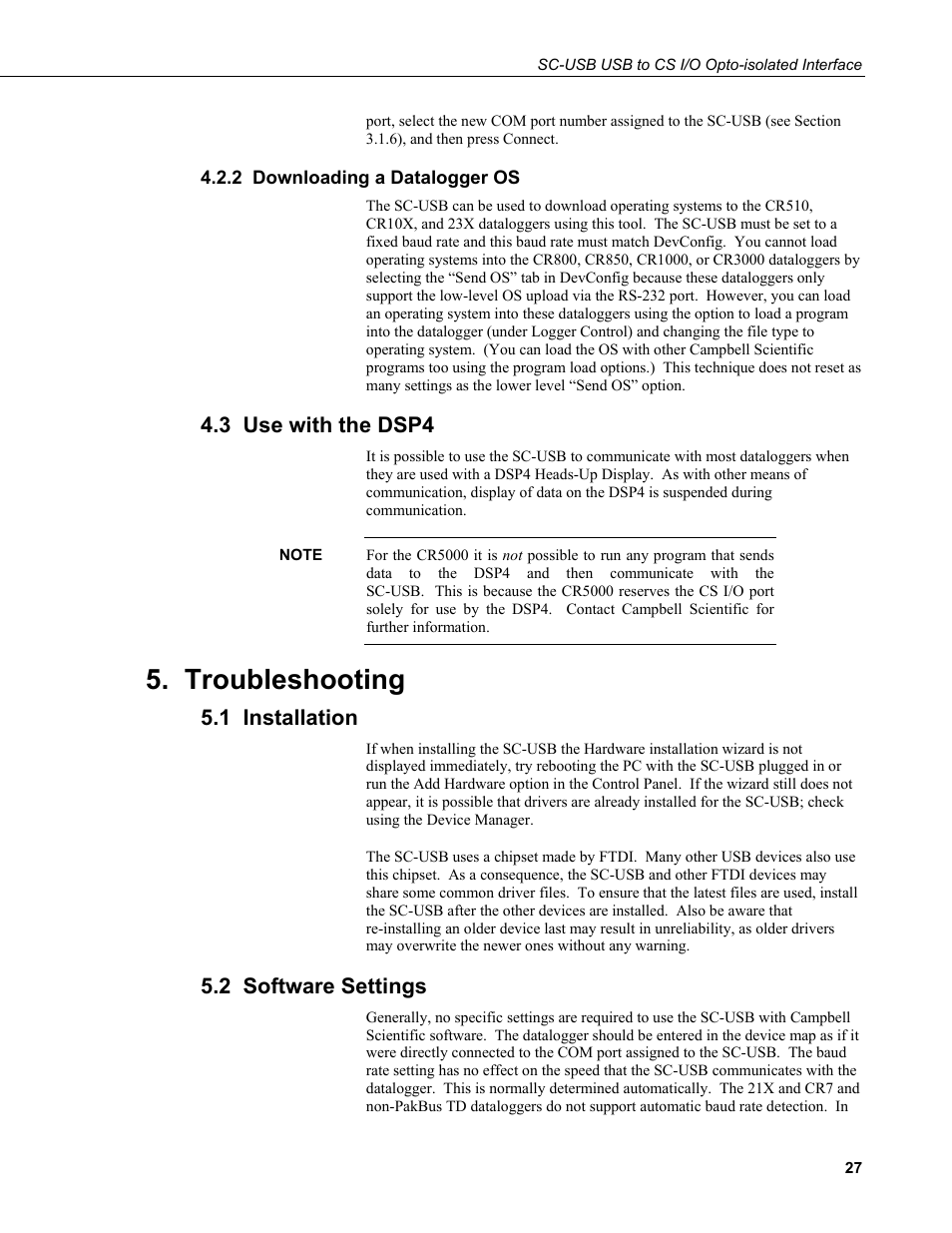 2 downloading a datalogger os, 3 use with the dsp4, Troubleshooting | 1 installation, 2 software settings | Campbell Scientific SC-USB USB to CS I/O Optically Isolated Interface User Manual | Page 33 / 36