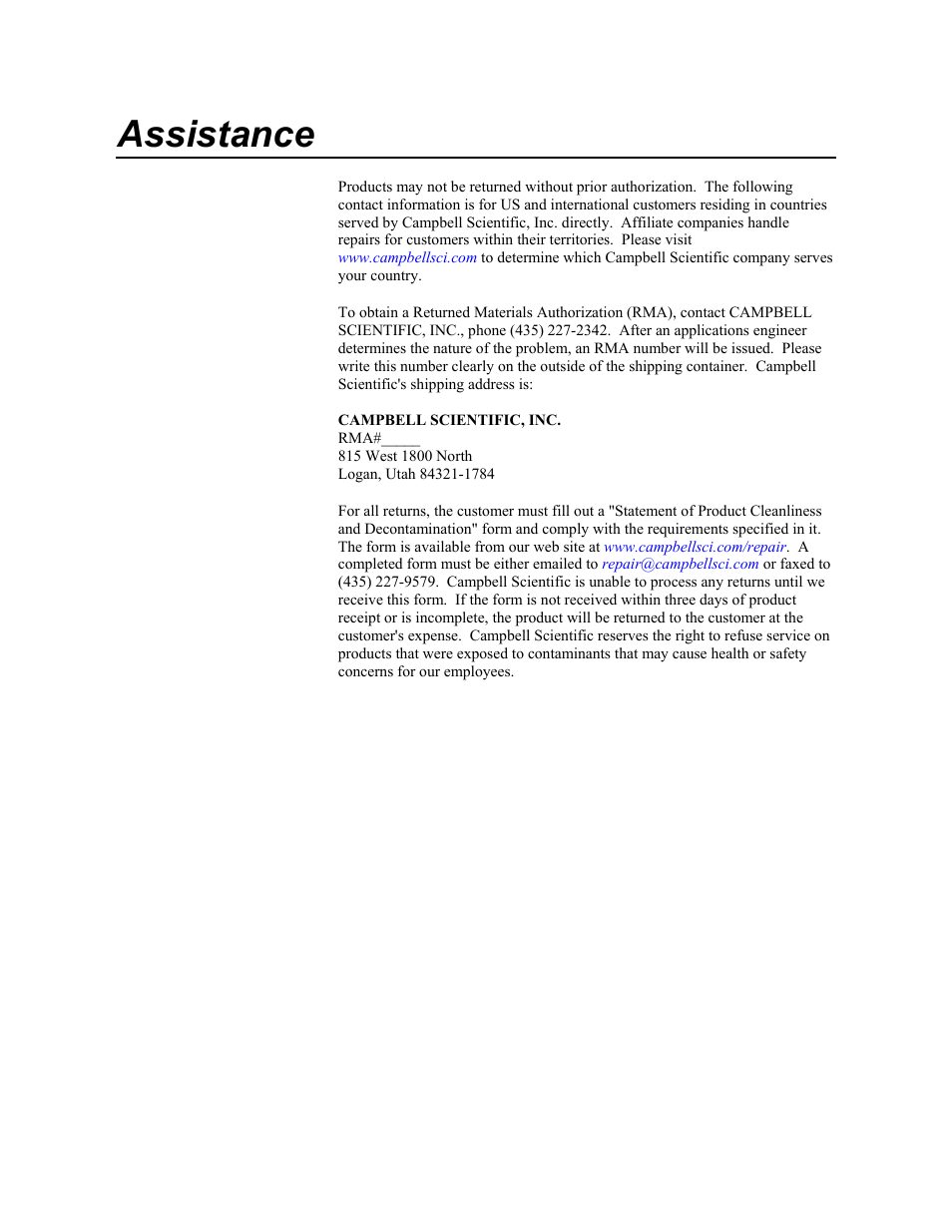 Assistance | Campbell Scientific SC-USB USB to CS I/O Optically Isolated Interface User Manual | Page 4 / 36