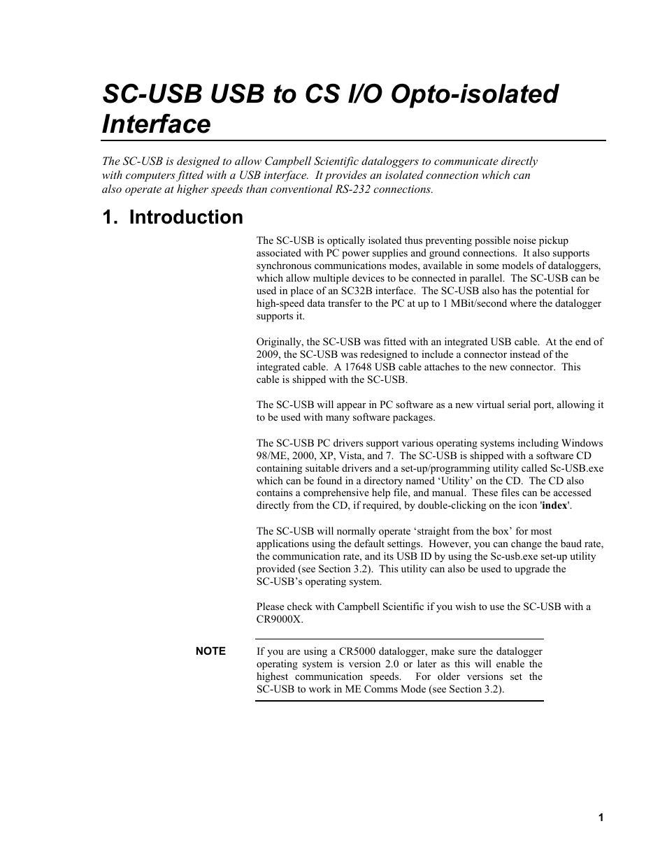 Sc-usb usb to cs i/o opto-isolated interface, Introduction | Campbell Scientific SC-USB USB to CS I/O Optically Isolated Interface User Manual | Page 7 / 36