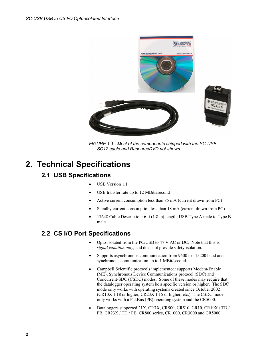 Technical specifications, 1 usb specifications, 2 cs i/o port specifications | Campbell Scientific SC-USB USB to CS I/O Optically Isolated Interface User Manual | Page 8 / 36