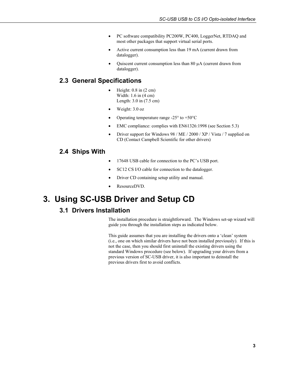 3 general specifications, 4 ships with, Using sc-usb driver and setup cd | 1 drivers installation | Campbell Scientific SC-USB USB to CS I/O Optically Isolated Interface User Manual | Page 9 / 36