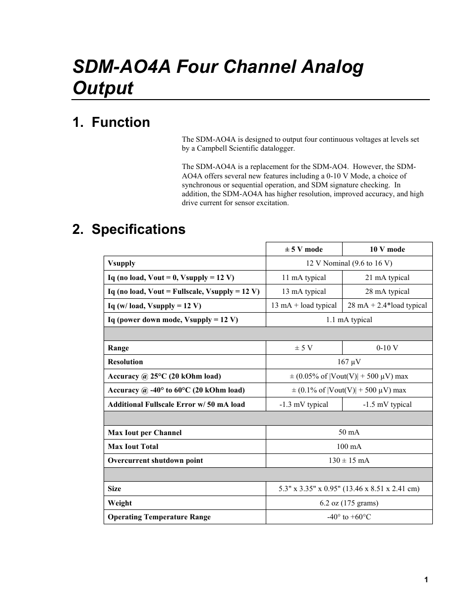 Sdm-ao4a four channel analog output, Function, Specifications | Campbell Scientific SDM-AO4A Four Channel Analog Output Module User Manual | Page 5 / 20