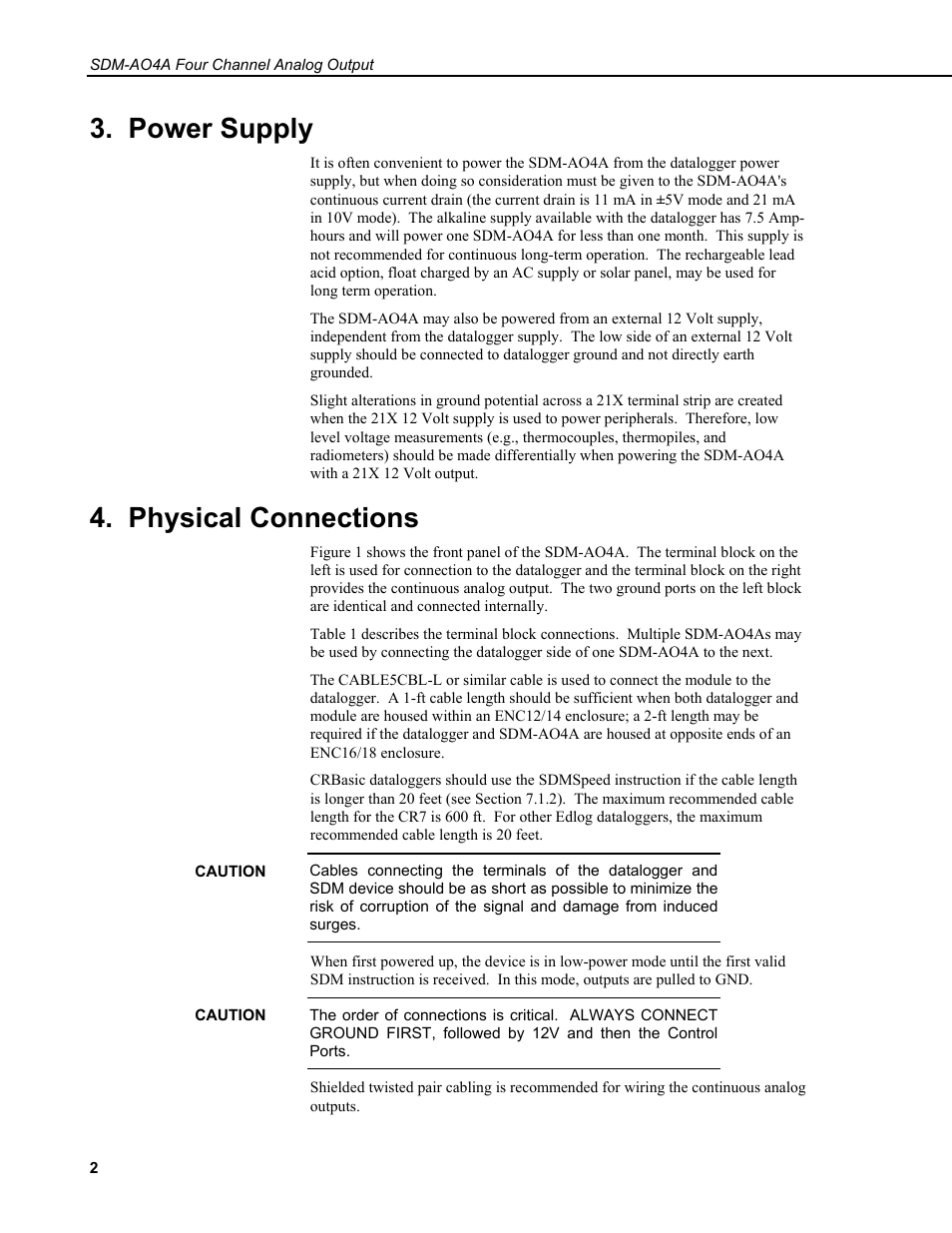 Power supply, Physical connections | Campbell Scientific SDM-AO4A Four Channel Analog Output Module User Manual | Page 6 / 20