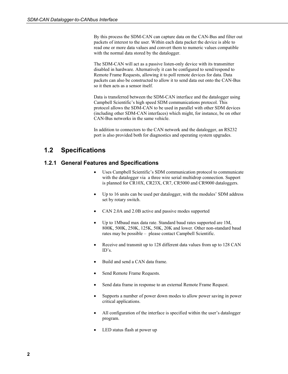 2 specifications, 1 general features and specifications, Specifications | General features and specifications | Campbell Scientific SDM-CAN Datalogger to CANbus Interface User Manual | Page 10 / 76