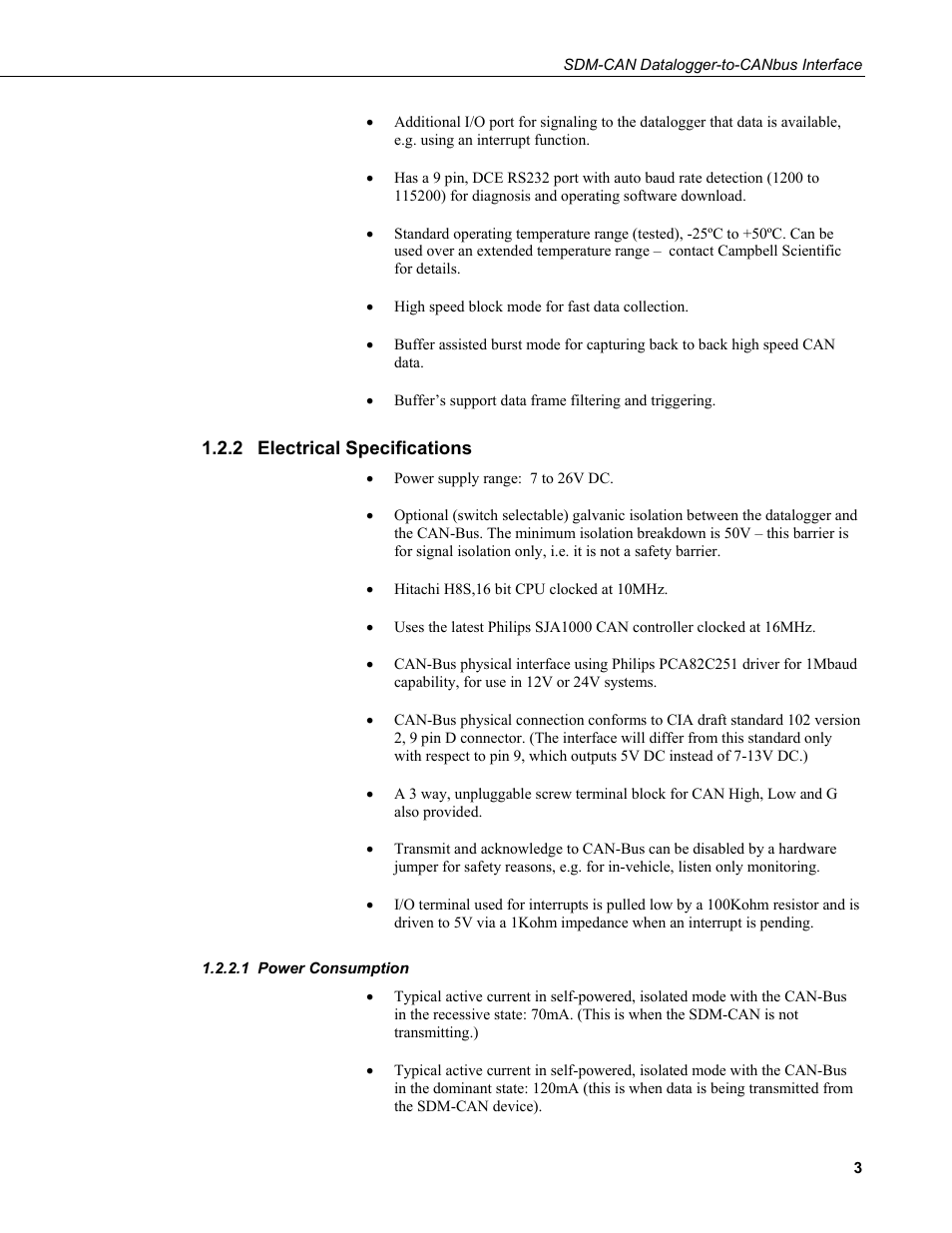 2 electrical specifications, 1 power consumption, Electrical specifications | Power consumption | Campbell Scientific SDM-CAN Datalogger to CANbus Interface User Manual | Page 11 / 76