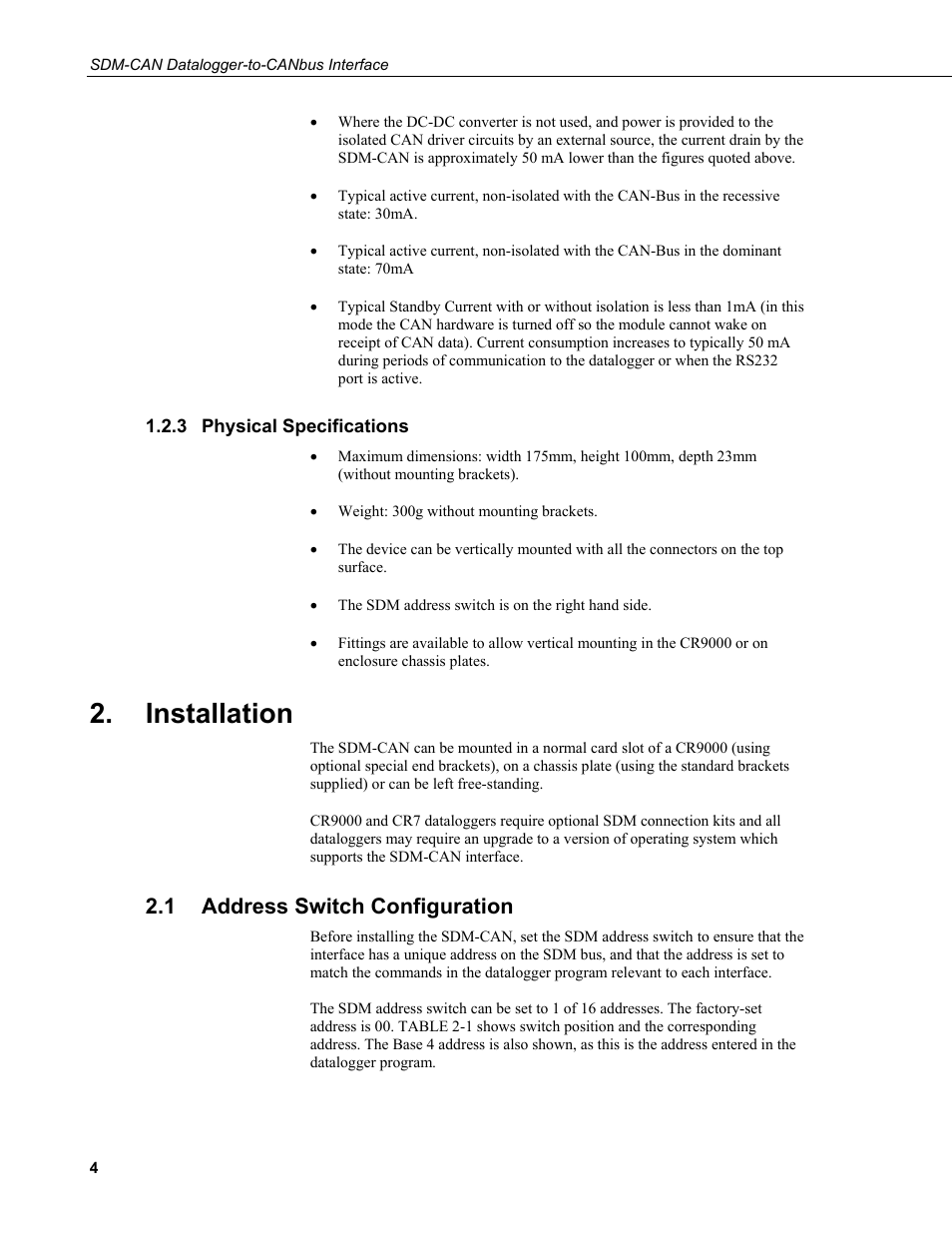 3 physical specifications, Installation, 1 address switch configuration | Physical specifications, Address switch configuration | Campbell Scientific SDM-CAN Datalogger to CANbus Interface User Manual | Page 12 / 76