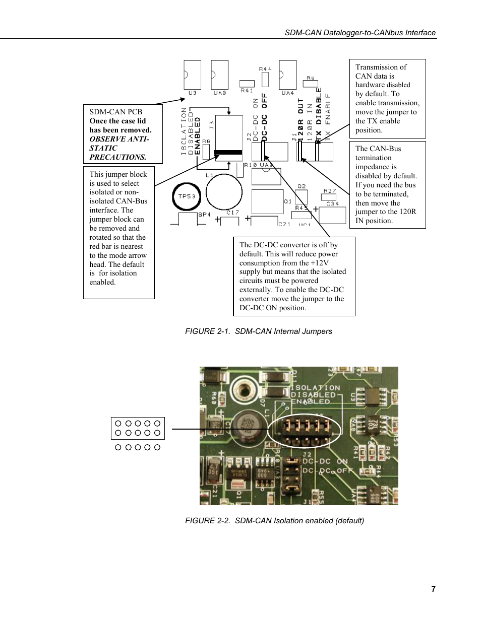 1. sdm-can internal jumpers, 2. sdm-can isolation enabled (default), To figure 2-1 | Figure 2-2 fo | Campbell Scientific SDM-CAN Datalogger to CANbus Interface User Manual | Page 15 / 76