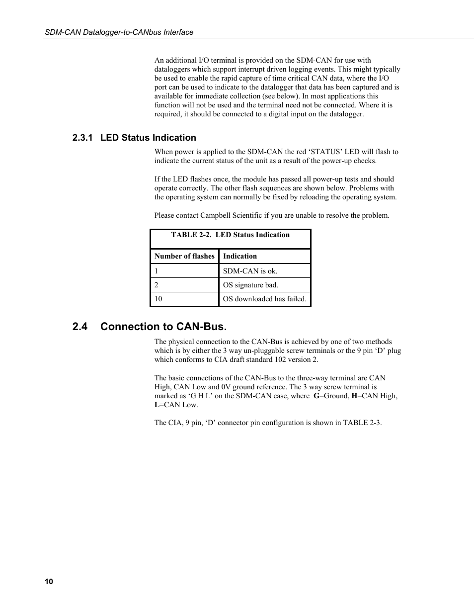 1 led status indication, 4 connection to can-bus, Led status indication | Connection to can-bus, 2. led status indication | Campbell Scientific SDM-CAN Datalogger to CANbus Interface User Manual | Page 18 / 76