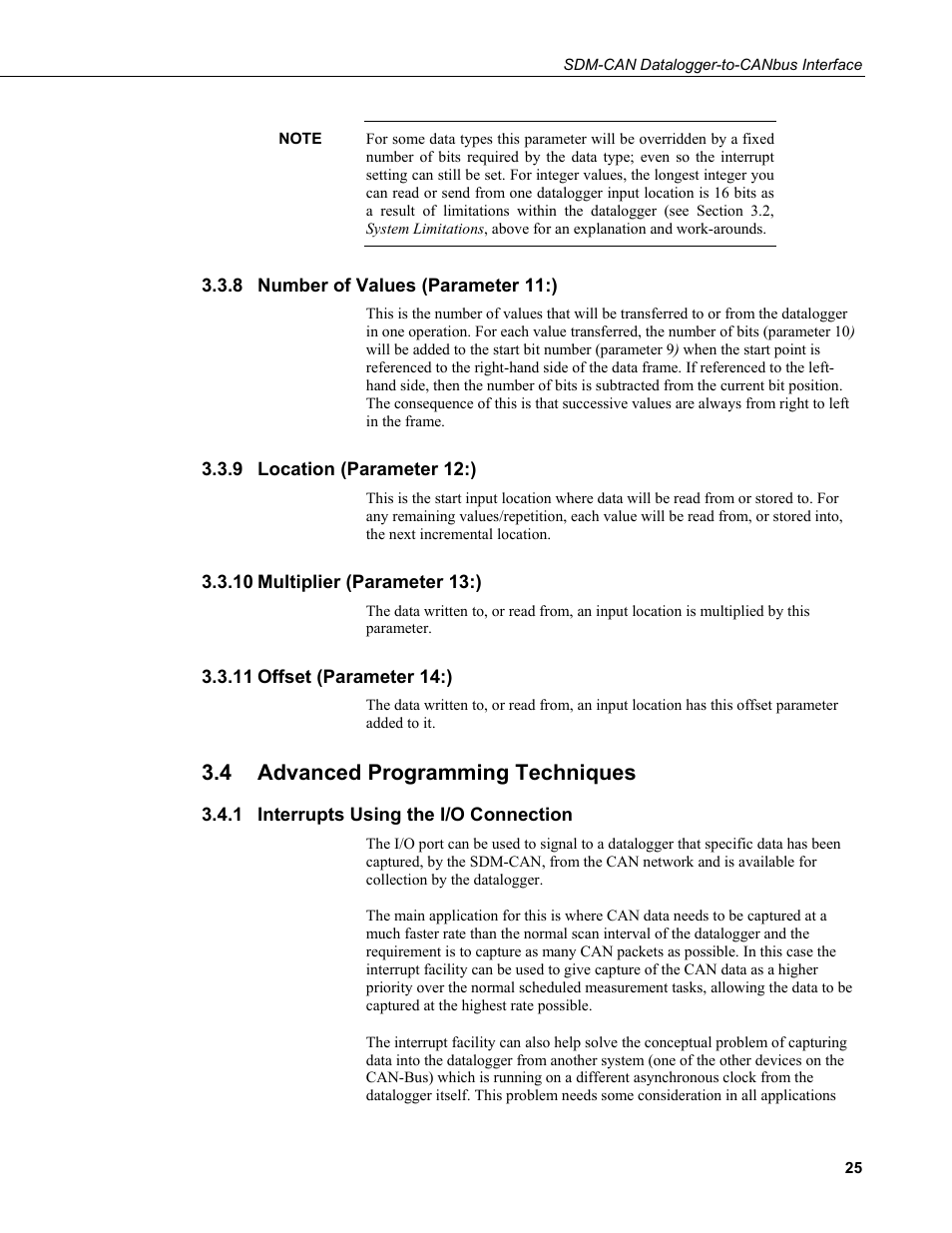 8 number of values (parameter 11:), 9 location (parameter 12:), 10 multiplier (parameter 13:) | 11 offset (parameter 14:), 4 advanced programming techniques, 1 interrupts using the i/o connection, Number of values (parameter 11:), Location (parameter 12:), Multiplier (parameter 13:), Offset (parameter 14:) | Campbell Scientific SDM-CAN Datalogger to CANbus Interface User Manual | Page 33 / 76