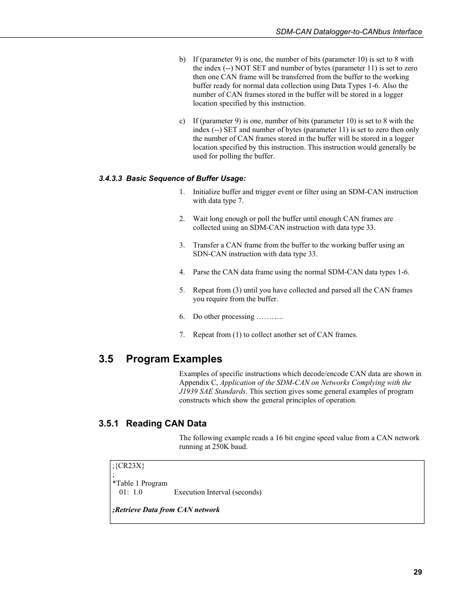 3 basic sequence of buffer usage, 5 program examples, 1 reading can data | Basic sequence of buffer usage, Program examples, Reading can data | Campbell Scientific SDM-CAN Datalogger to CANbus Interface User Manual | Page 37 / 76