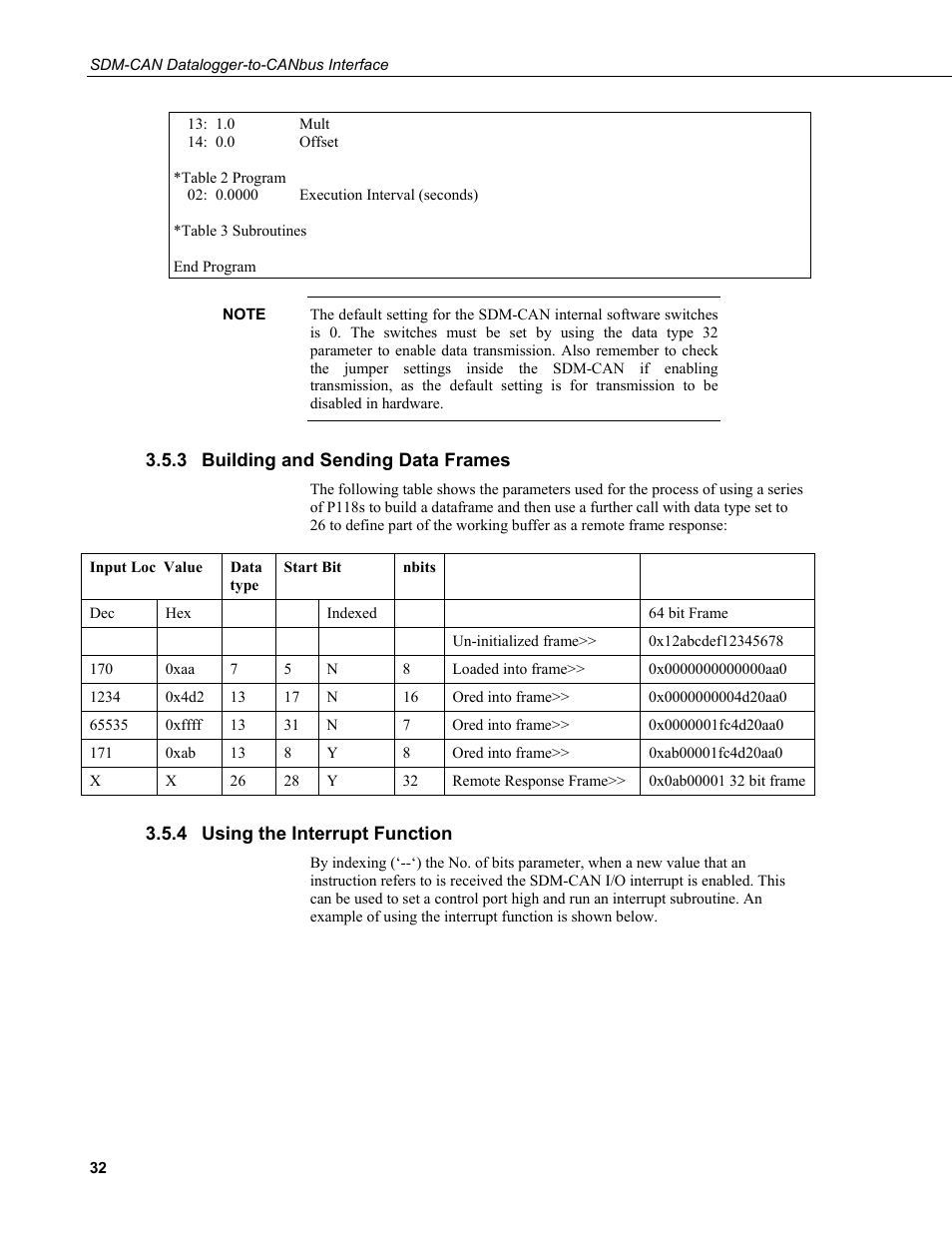 3 building and sending data frames, 4 using the interrupt function, Building and sending data frames | Using the interrupt function | Campbell Scientific SDM-CAN Datalogger to CANbus Interface User Manual | Page 40 / 76