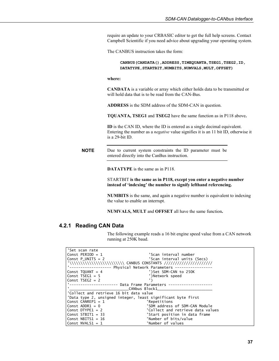 1 reading can data, Reading can data | Campbell Scientific SDM-CAN Datalogger to CANbus Interface User Manual | Page 45 / 76