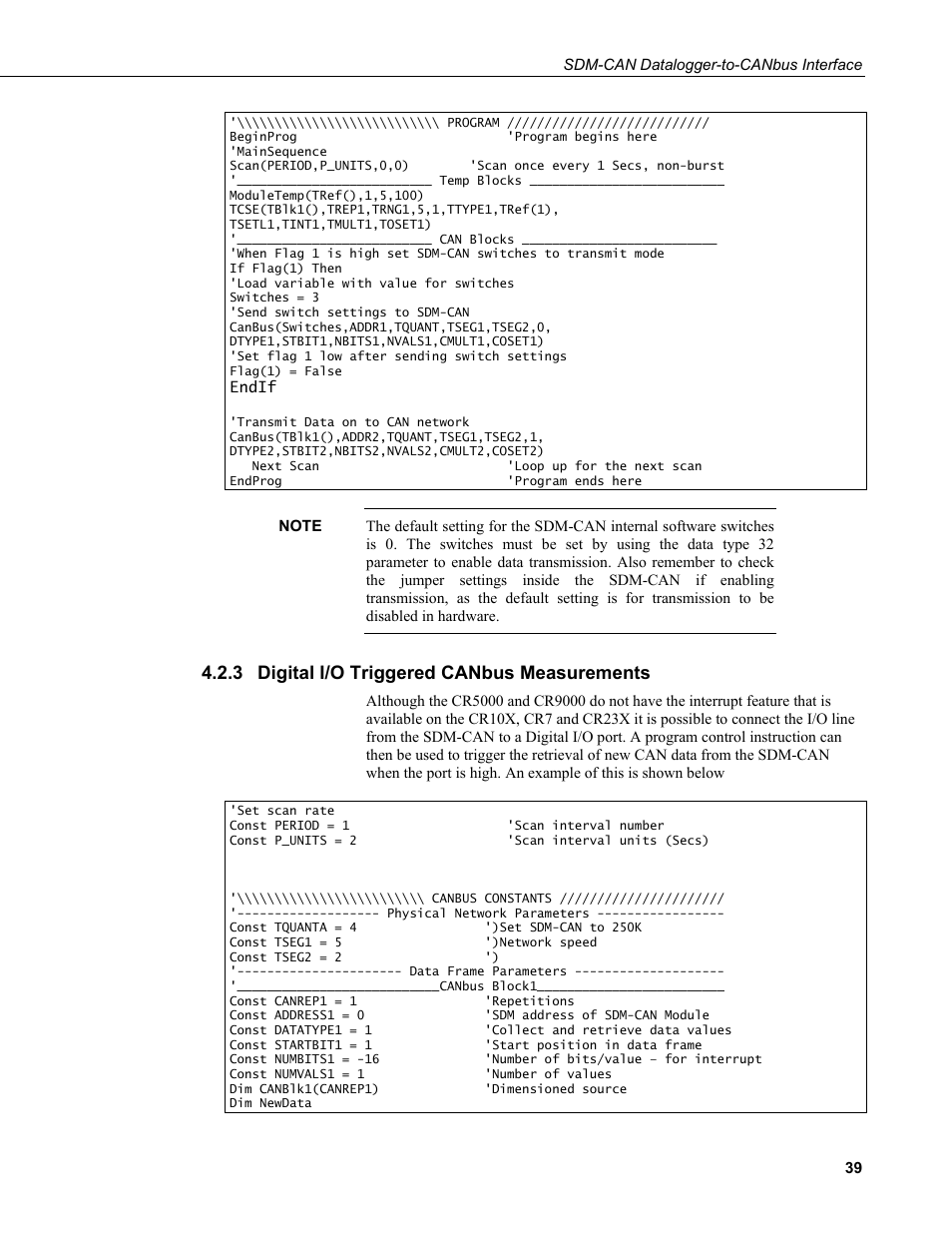 3 digital i/o triggered canbus measurements, Digital i/o triggered canbus measurements | Campbell Scientific SDM-CAN Datalogger to CANbus Interface User Manual | Page 47 / 76