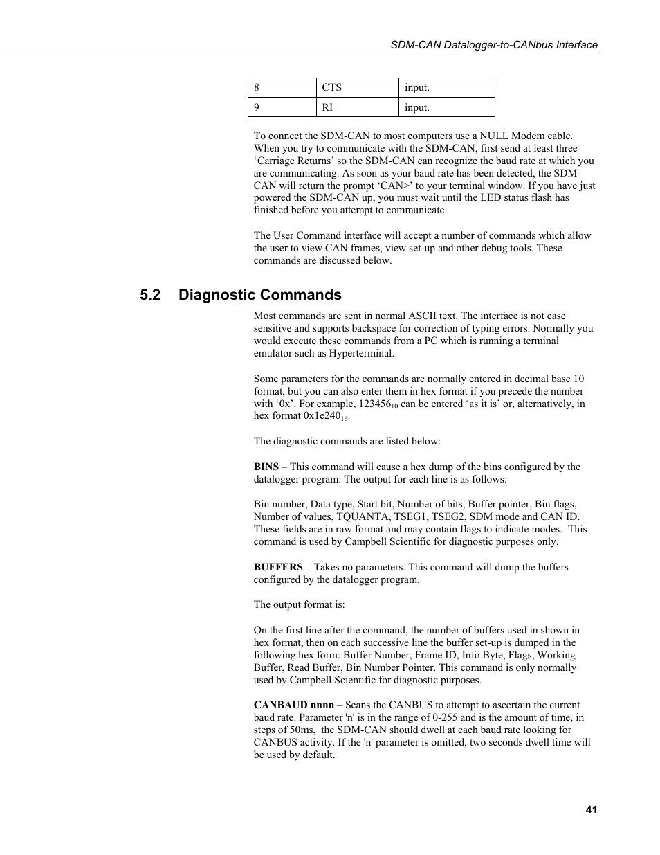 2 diagnostic commands, Diagnostic commands | Campbell Scientific SDM-CAN Datalogger to CANbus Interface User Manual | Page 49 / 76