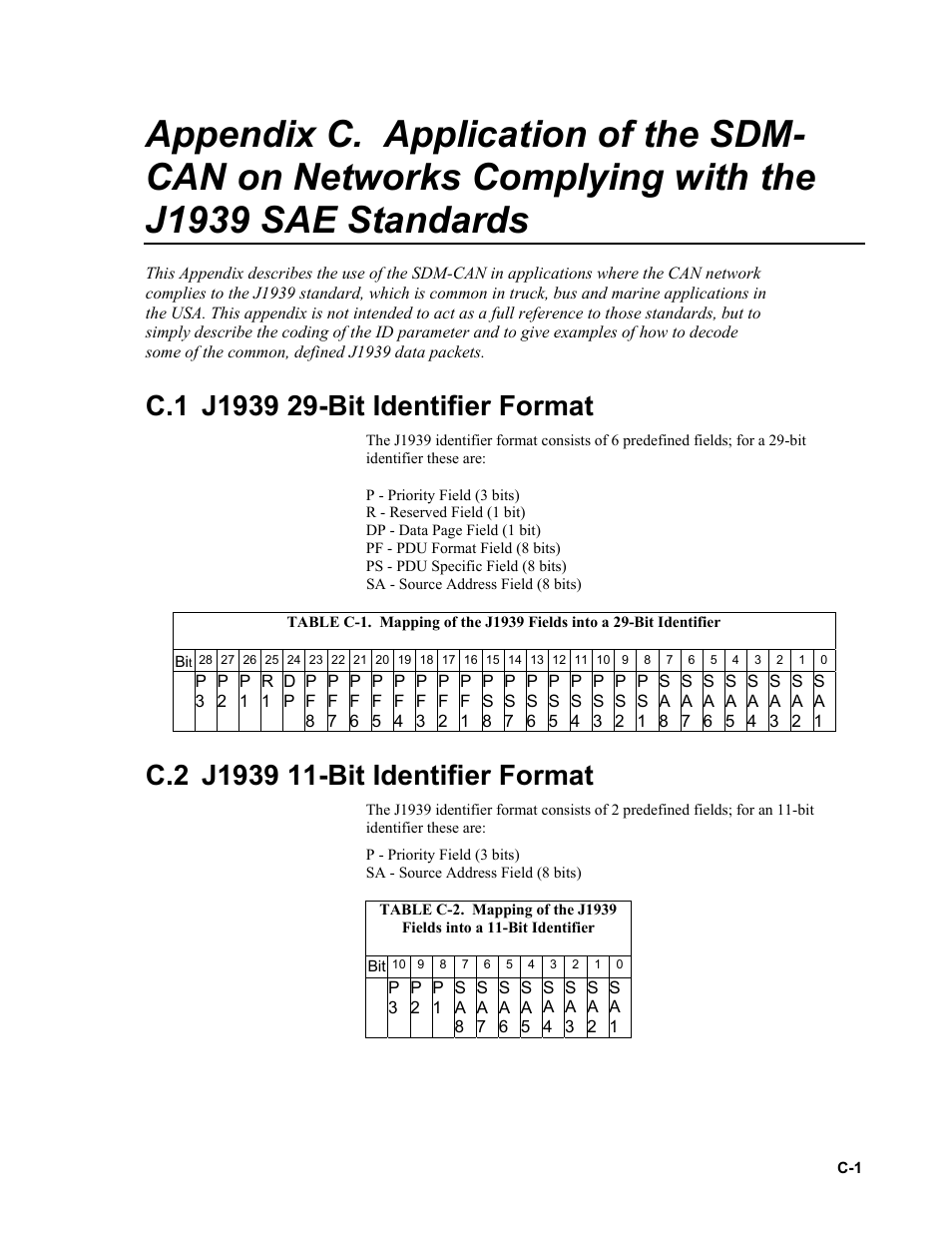 C.1 j1939 29-bit identifier format, C.2 j1939 11-bit identifier format, Application of the sdm-can on networks | Complying with the j1939 sae standards.........c-1 | Campbell Scientific SDM-CAN Datalogger to CANbus Interface User Manual | Page 57 / 76