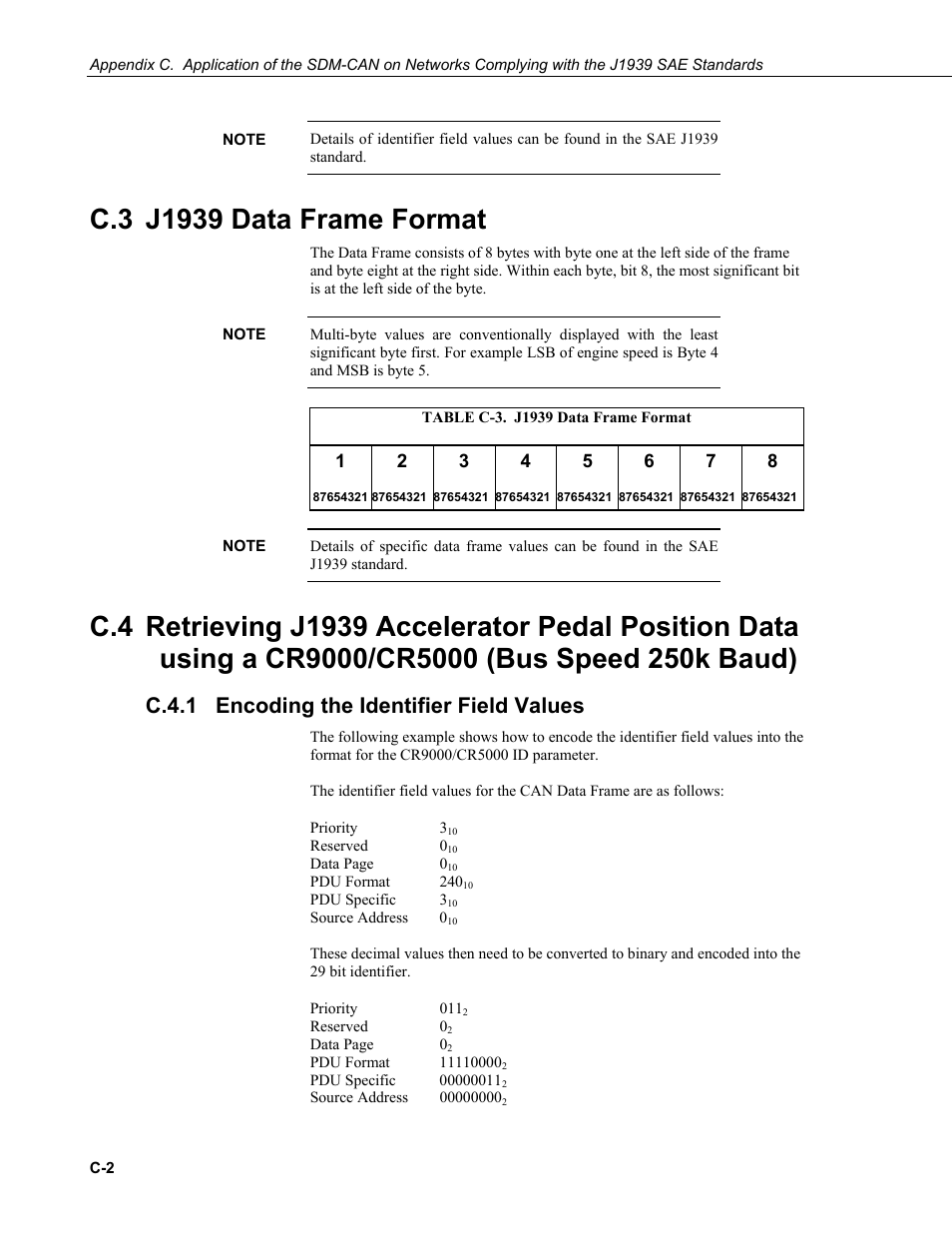 C.3 j1939 data frame format, C.4.1 encoding the identifier field values, C.4.1 | Campbell Scientific SDM-CAN Datalogger to CANbus Interface User Manual | Page 58 / 76