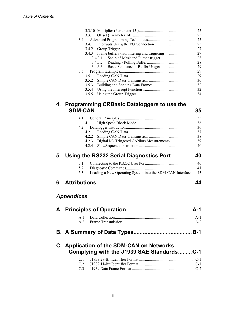 Programming crbasic dataloggers to use the sdm-can, Using the rs232 serial diagnostics port, Attributions | Appendices a | Campbell Scientific SDM-CAN Datalogger to CANbus Interface User Manual | Page 6 / 76
