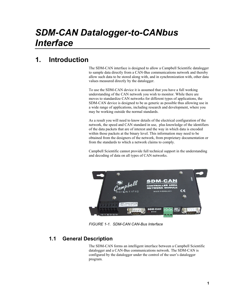 Introduction, 1 general description, General description | 1. sdm-can can-bus interface, Sdm-can datalogger-to-canbus interface | Campbell Scientific SDM-CAN Datalogger to CANbus Interface User Manual | Page 9 / 76