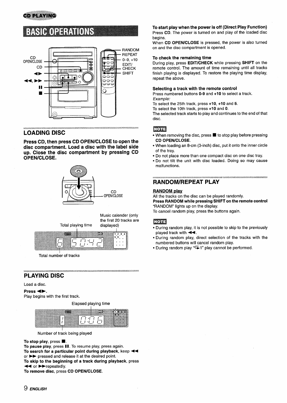 Basic operations, To check the remaining time, Seiecting a track with the remote controi | Loading disc, Random/repeat play, Random play, Playing disc, Press, Cd playing | Aiwa XM-M25 User Manual | Page 10 / 68