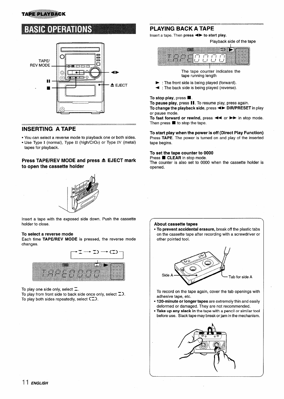 Basic operations, Inserting a tape, To select a reverse mode | Playing back a tape, About cassette tapes | Aiwa XM-M25 User Manual | Page 12 / 68
