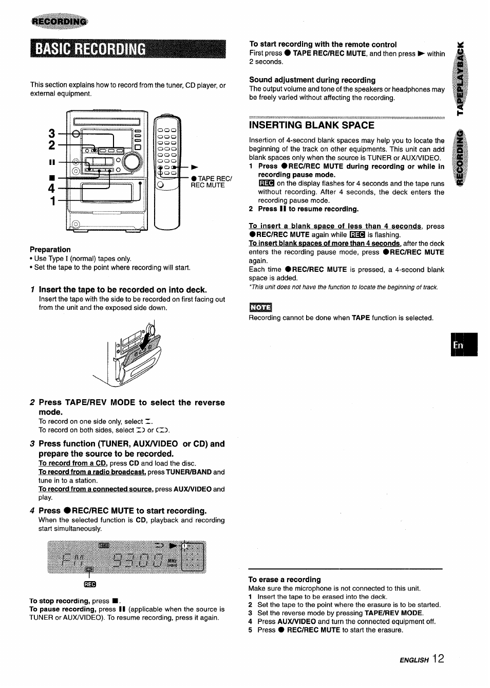 Basic recording, Preparation, 1 insert the tape to be recorded on into deck | To start recording with the remote controi, Sound adjustment during recording, Inserting blank space, 2 press ii to resume recording, 2 press tape/rev mode to select the reverse mode, 4 press 9 rec/rec mute to start recording, To stop recording, press | Aiwa XM-M25 User Manual | Page 13 / 68