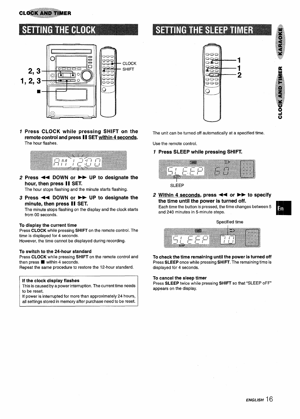 Sening the clock, To display the current time, To switch to the 24-hour standard | Setting the sleep timer, 1 press sleep while pressing shift, To cancel the sleep timer, Setting the clock setting the sleep timer | Aiwa XM-M25 User Manual | Page 17 / 68