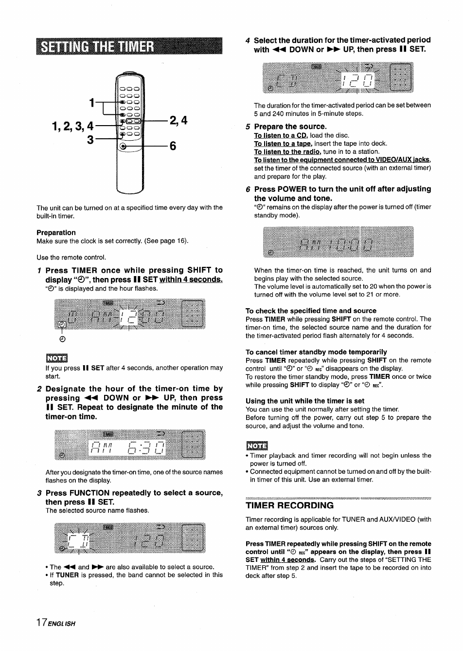 Setting the time, Preparation, Setting the timer | Aiwa XM-M25 User Manual | Page 18 / 68