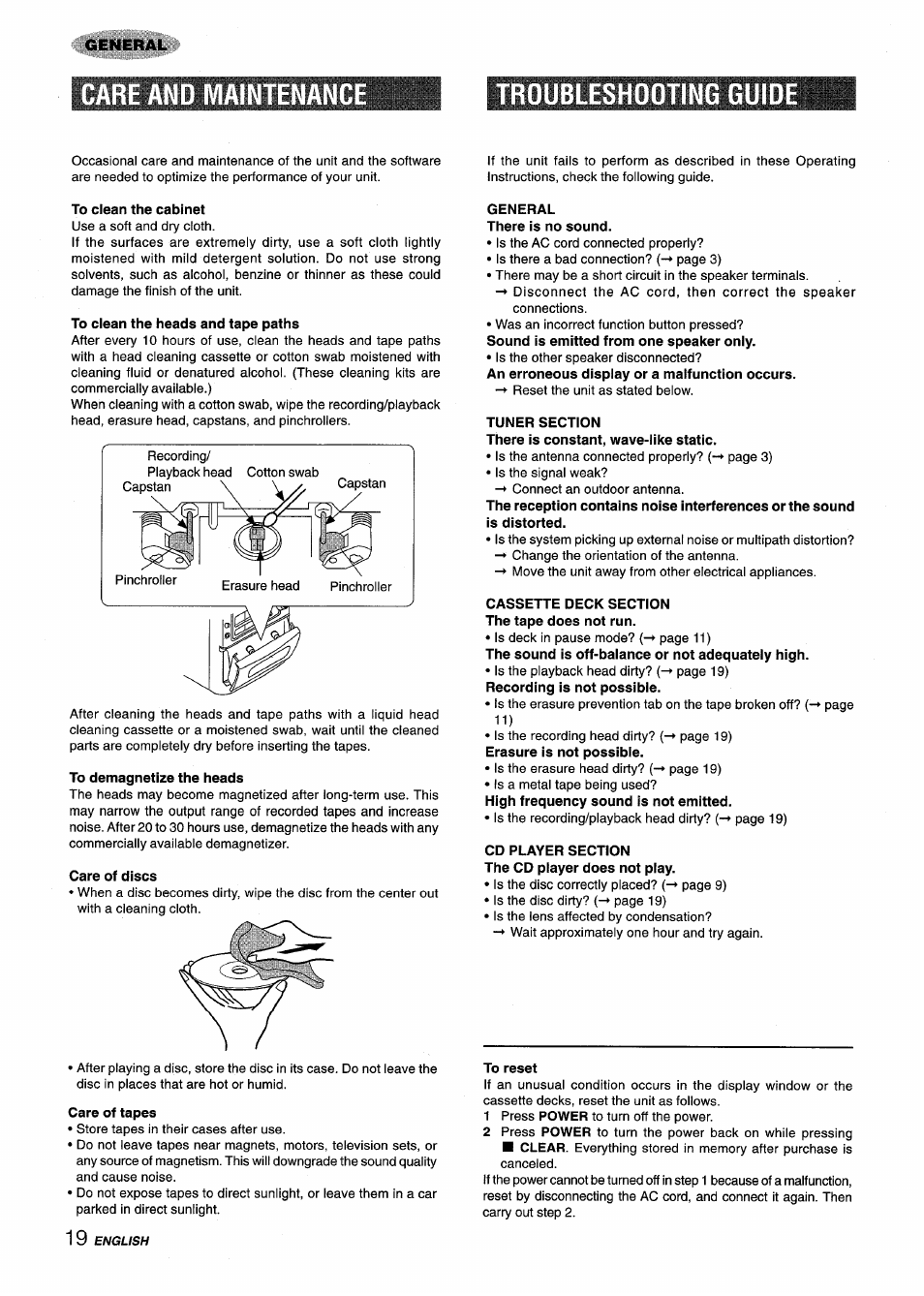 Care and maintenanc, Troubleshooting guio, General there is no sound | Tuner section, Cassette deck section the tape does not run, Cd player section the cd player does not play, Care and maintenance troubleshooting guide, Care and maintenanc troubleshooting guio, General | Aiwa XM-M25 User Manual | Page 20 / 68
