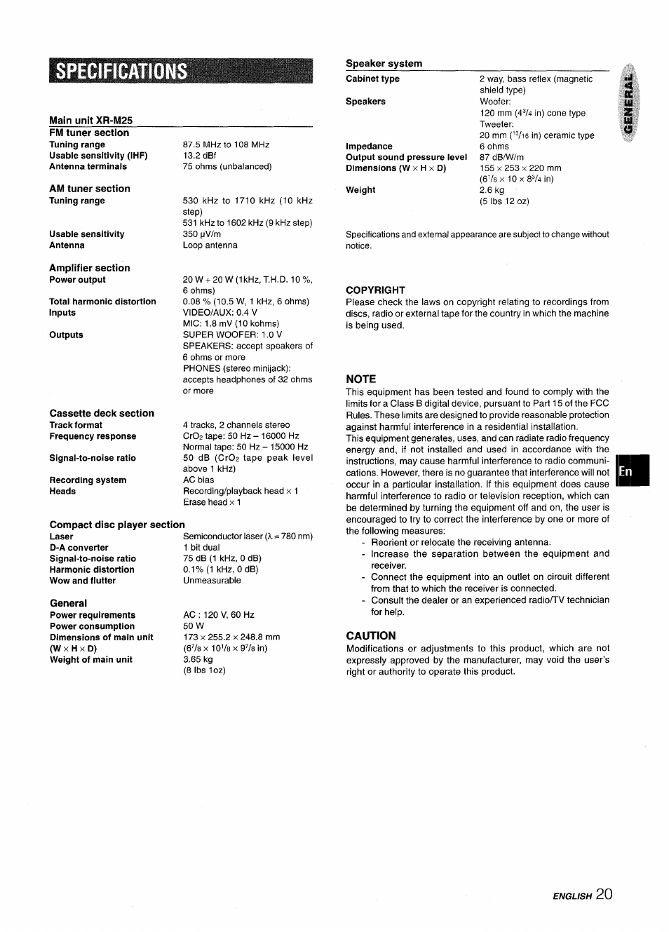 Specification, Speaker system, Main unit xr-m25 | Am tuner section tuning range, Amplifier section power output, General, Specifications | Aiwa XM-M25 User Manual | Page 21 / 68