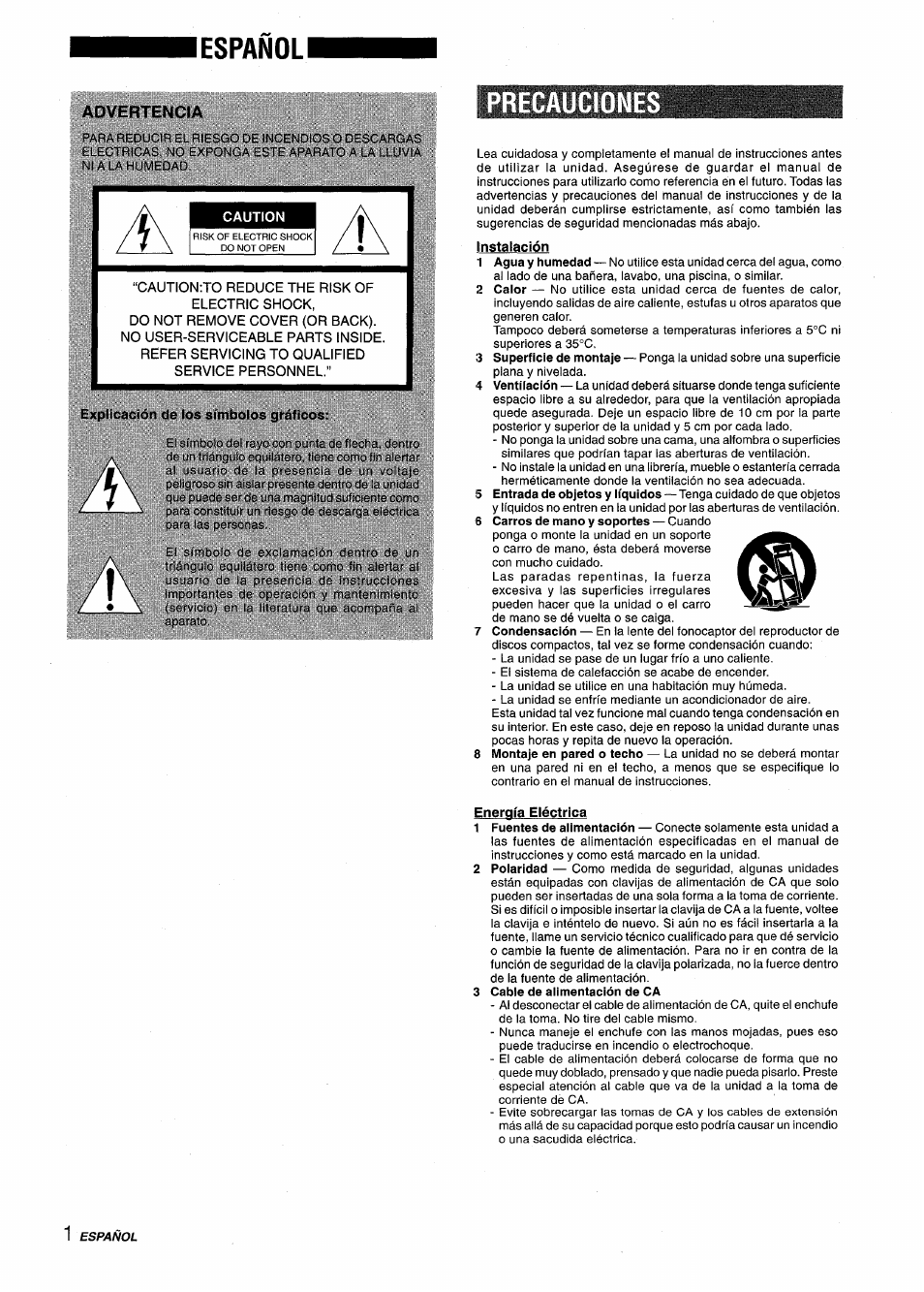 Lespañoli, Explicación de los símbolos gráficos, Precauciones | Instalación, Energía eléctrica, Precautions | Aiwa XM-M25 User Manual | Page 24 / 68