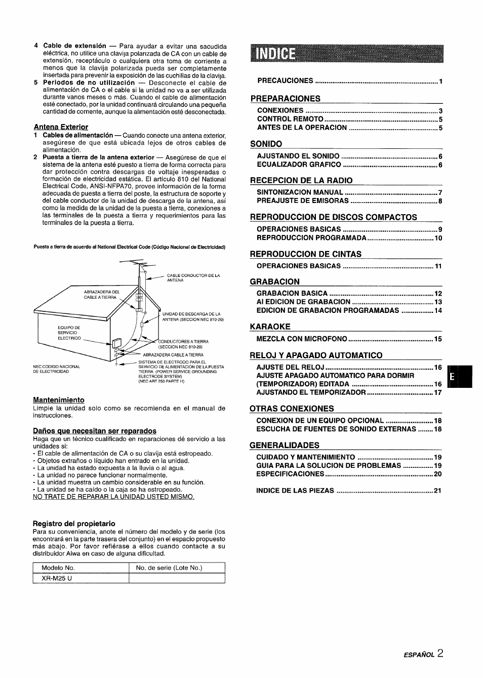 Antena exterior, Indice, Mantenimiento | Daños que necesitan ser reparados, Registro del propietario | Aiwa XM-M25 User Manual | Page 25 / 68