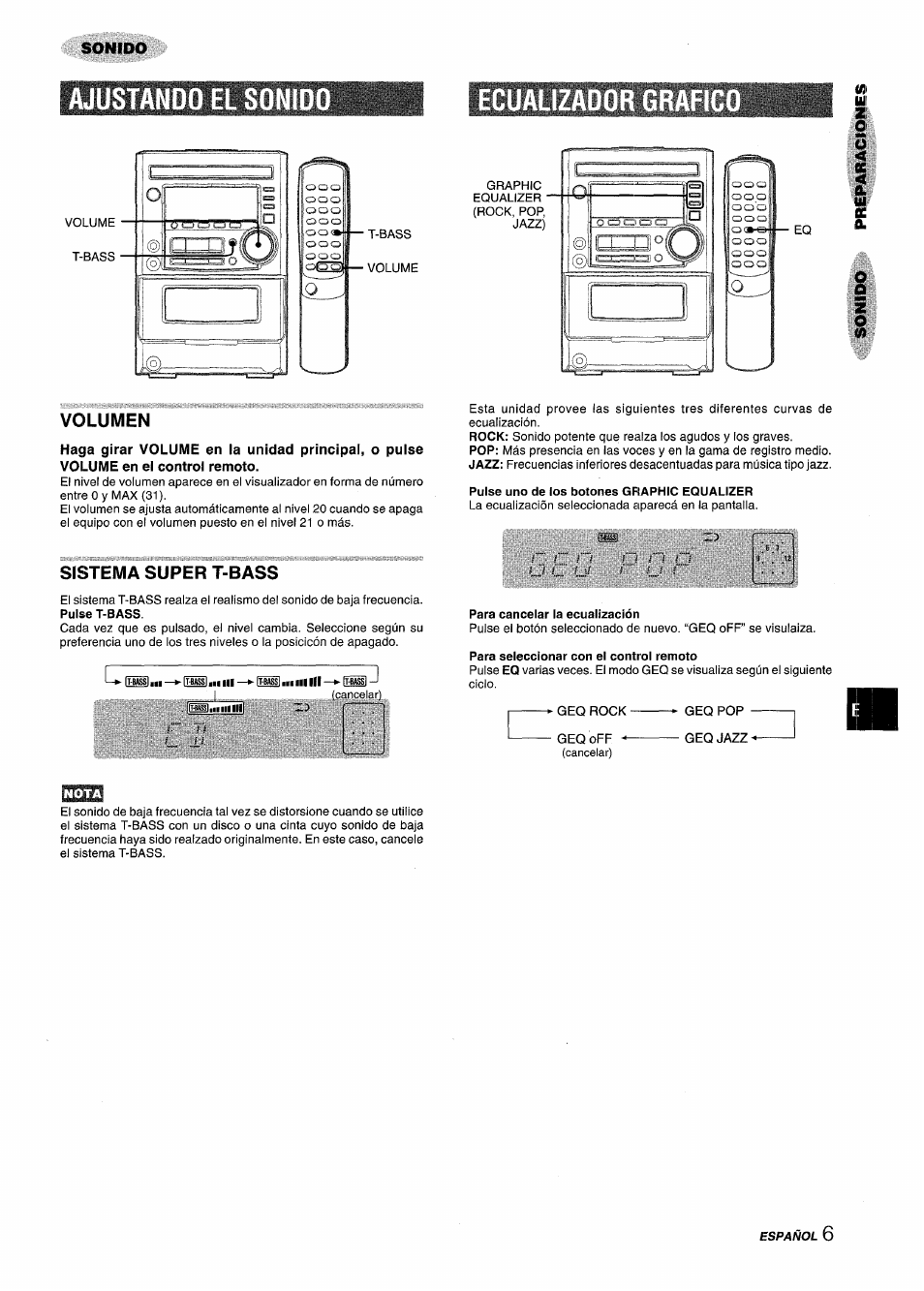 Ajustando el sonid, Ecualiza, Volumen | Sistema super t-bass, Ajustando el sonido, Ajustando el sonid ecualiza | Aiwa XM-M25 User Manual | Page 29 / 68