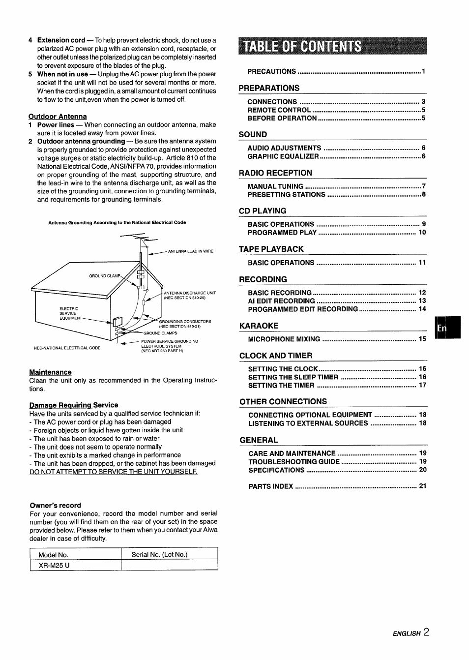 Table of content, Owner’s record | Aiwa XM-M25 User Manual | Page 3 / 68