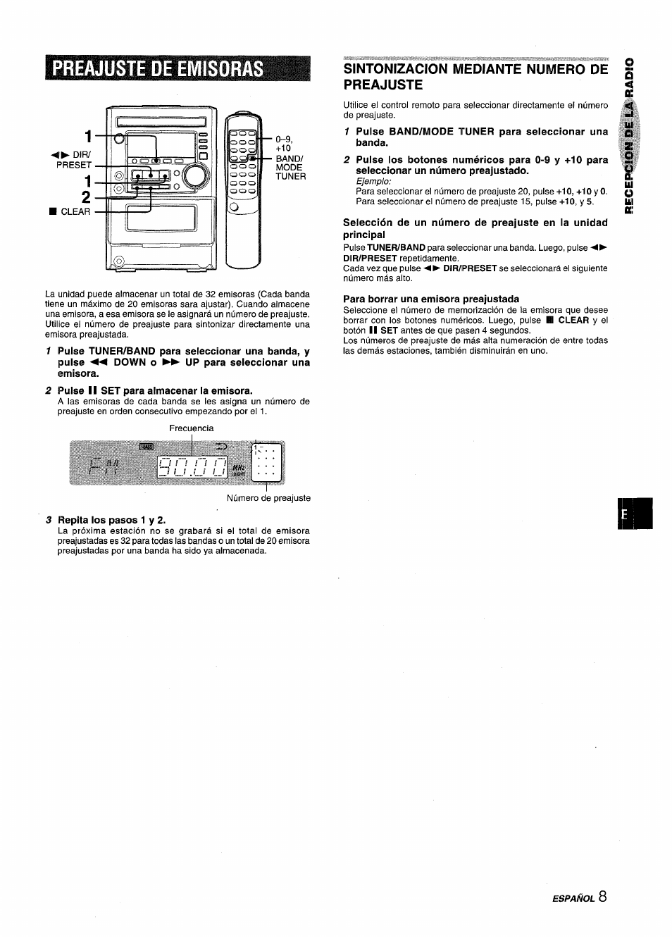 Preajuste de emisora, Sintonizacion mediante numero de preajuste, Preajuste de emisoras | S: o | Aiwa XM-M25 User Manual | Page 31 / 68